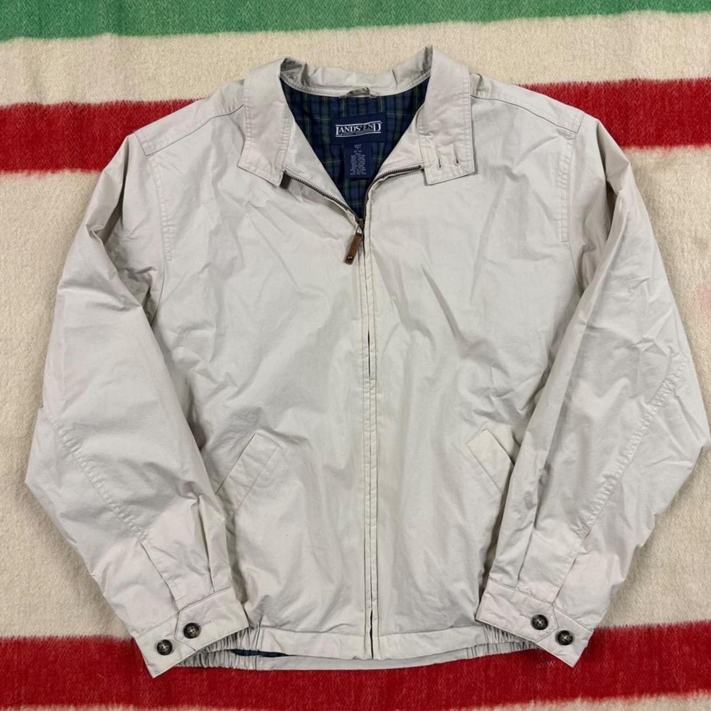 Vintage Lands End 90s Harrington Bomber Jacket Cream Plaid Lined Mens Large